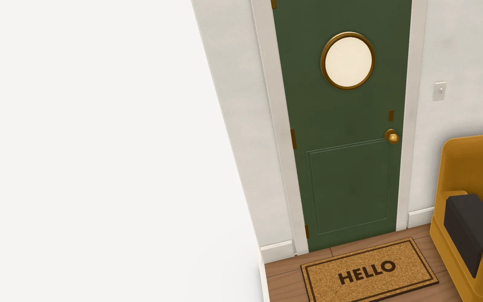 The green front door with its round window, and a doormat that reads Hello.