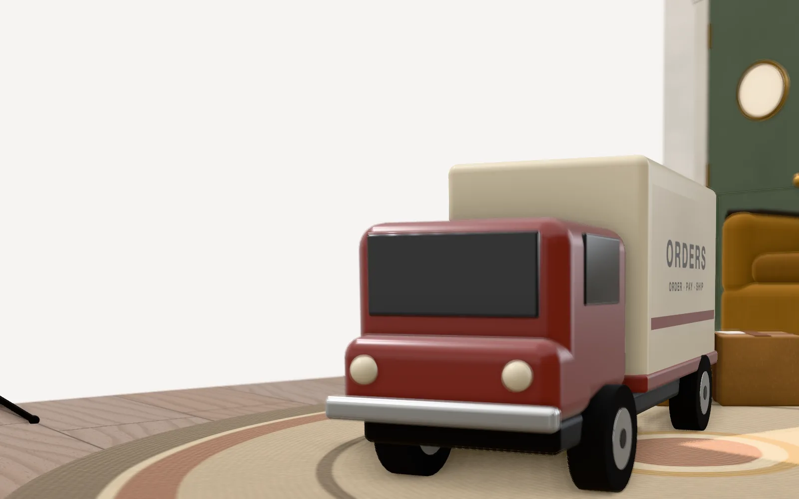 A toy delivery truck marked Orders, with parcels, on the round rug.